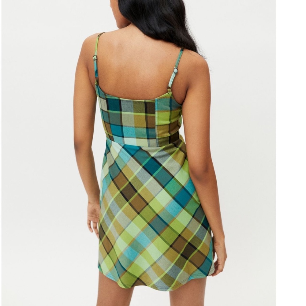 NWT UO 90s Y2K Lime Green Plaid Hook Front Dress - Picture 2 of 4
